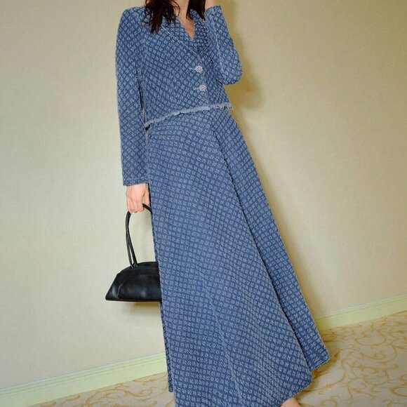 Blue Elegant Womens Denim Jacquard Lapel Collar Raw Edge Jacket & Maxi Skirt Set - Picture 4 of 7